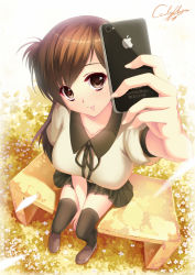 Rule 34 | 1girl, :p, bench, breasts, brown eyes, brown hair, caidychen, cellphone, flower, foreshortening, from above, iphone, large breasts, legs, long hair, original, perspective, phone, product placement, school uniform, short hair, signature, smartphone, solo, thighhighs, tongue, tongue out