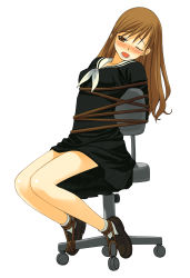 Rule 34 | 00s, 1girl, a1 (initial-g), black skirt, blush, bound, breasts, brown eyes, brown hair, chair, female focus, full body, highres, legs, loafers, maria-sama ga miteru, medium breasts, neckerchief, office chair, one eye closed, open mouth, pleated skirt, rope, school uniform, serafuku, shoes, simple background, skirt, solo, swivel chair, tied up, toudou shimako, white background, white neckerchief