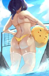Rule 34 | 1girl, absurdres, ass, azur lane, back, beach volleyball, bikini, breasts, butt crack, from behind, highres, large breasts, long hair, manjuu (azur lane), michael lavacca, ocean, outdoors, pola (azur lane), pola (seaside coincidence) (azur lane), purple hair, signature, sky, solo, swimsuit, thighhighs, twintails, volleyball net, water, white thighhighs, yellow bikini