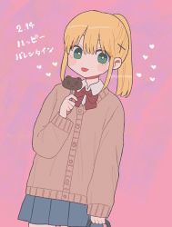 Rule 34 | 1girl, bag, blonde hair, blue skirt, bow, bowtie, bright pupils, brown cardigan, cardigan, chocolate, cowboy shot, dutch angle, emma (kumaema), food, green eyes, hair ornament, heart, highres, holding, holding bag, holding food, long sleeves, looking at viewer, original, pink background, pleated skirt, ponytail, red bow, red bowtie, school uniform, sidelocks, skirt, solo, tongue, tongue out, twitter username, valentine, white pupils, wing collar, x hair ornament