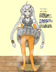 Rule 34 | 1girl, ahoge, blue eyes, blush, braid, breasts, clothes lift, dress, dress lift, elbow gloves, embarrassed, female focus, fingerless gloves, full body, gloves, grey dress, grey hair, gusoku, hair ornament, hands up, highres, indoors, japanese text, kizuna akari, lifted by self, long hair, looking at viewer, medium breasts, nose blush, orange gloves, orange pantyhose, pantyhose, peeing, peeing self, puddle, shirt, short sleeves, sleeveless, sleeveless dress, solo, standing, steam, striped clothes, striped gloves, striped pantyhose, talking, text focus, translation request, twin braids, very long hair, voiceroid, wet, wet clothes, white shirt