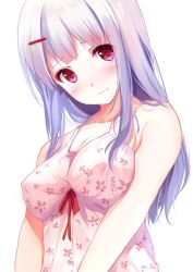 Rule 34 | 1girl, blush, breasts, caidychen, cleavage, floral print, hair ornament, hairpin, large breasts, long hair, looking at viewer, no bra, original, red eyes, ribbon, simple background, solo, tank top, upper body, white background, white hair