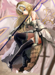 Rule 34 | 1girl, absurdres, arm support, armor, armored dress, bad id, bad pixiv id, black thighhighs, blonde hair, blue eyes, dress, fate/apocrypha, fate (series), floating hair, gauntlets, high heels, highres, jeanne d&#039;arc (fate), jeanne d&#039;arc (ruler) (fate), jeanne d&#039;arc (third ascension) (fate), long hair, looking at viewer, outdoors, shi-ro, sitting, sleeveless, sleeveless dress, smile, solo, thighhighs, torn clothes, torn thighhighs, white dress