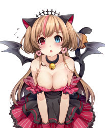Rule 34 | 1girl, 3.14, :o, animal ears, areola slip, bare shoulders, bat wings, bell, blue eyes, blush, breasts, brown hair, cat ears, cat tail, cleavage, collar, collarbone, commentary, downblouse, dress, earrings, flying sweatdrops, girls&#039; frontline, heart, heart earrings, heterochromia, highres, jewelry, jingle bell, long hair, looking at viewer, medium breasts, mk23 (girls&#039; frontline), multicolored hair, neck bell, no bra, pink hair, red eyes, simple background, solo, strapless, strapless dress, streaked hair, tail, tattoo, two side up, very long hair, white background, wings