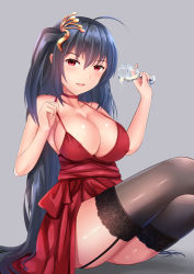 Rule 34 | 1girl, ahoge, alcohol, areola slip, azur lane, bad id, bad pixiv id, bare shoulders, black hair, black thighhighs, blush, breasts, champagne flute, cleavage, collarbone, covered erect nipples, crossed legs, cup, dress, dress tug, drinking glass, garter straps, hair between eyes, hair ornament, halter dress, halterneck, highres, holding, holding cup, large breasts, long hair, looking at viewer, mirufuaa, official alternate costume, open mouth, pouring, pouring onto self, red dress, red eyes, sidelocks, sitting, skindentation, smile, solo, taihou (azur lane), taihou (forbidden feast) (azur lane), thighhighs, thighs, very long hair
