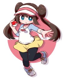 Rule 34 | 1girl, :o, black pantyhose, blue eyes, blue footwear, blush, breasts, brown hair, chibi, collarbone, commentary request, creatures (company), double bun, full body, game freak, hair between eyes, hair bun, hand up, holding, holding poke ball, long hair, long sleeves, naga u, nintendo, pantyhose, pantyhose under shorts, parted lips, poke ball, poke ball (basic), poke ball symbol, pokemon, pokemon bw2, raglan sleeves, rosa (pokemon), shirt, shoes, short shorts, shorts, side bun, sidelocks, small breasts, sneakers, solo, standing, standing on one leg, twintails, very long hair, visor cap, white background, white shirt, yellow shorts