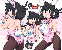 Rule 34 | 1girl, animal ears, arms behind back, ass, black hair, black nails, blush, bow, bowtie, breasts, brown pantyhose, crab, cup, drink, earrings, fake animal ears, fake tail, frilled leotard, frills, hairband, hand up, highres, jewelry, leotard, lucia (scott malin), medium breasts, medium hair, multiple views, original, pantyhose, pink bow, pink bowtie, pink hairband, pink leotard, playboy bunny, profile, rabbit earrings, rabbit ears, rabbit tail, scott malin, tail, tray, wrist cuffs