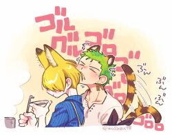 Rule 34 | &gt; &lt;, 2boys, :&lt;, animal ear fluff, animal ears, armband, artist name, blonde hair, blue shirt, blush, closed eyes, collarbone, collared shirt, commentary, commentary request, earrings, face in hair, facial hair, fox boy, fox ears, from side, green hair, hair over one eye, holding, holding utensil, jewelry, ladle, long bangs, male focus, mitsubachi koucha, multiple boys, nose blush, one piece, partial commentary, roronoa zoro, sanji (one piece), shirt, simple background, single earring, steam, striped clothes, stubble, tail, tail wagging, tiger boy, tiger ears, tiger tail, translated, upper body, v-shaped eyebrows, white background, white shirt, yellow background