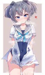 Rule 34 | 1girl, aqua neckerchief, blue eyes, blue one-piece swimsuit, calin, covered navel, grey background, grey hair, grey sailor collar, highres, i-36 (kancolle), kantai collection, neckerchief, one-piece swimsuit, sailor collar, sailor shirt, school swimsuit, school uniform, serafuku, shirt, short hair, solo, swimsuit, swimsuit under clothes, twintails, two-tone background, wet, wet clothes, white shirt