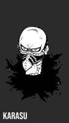 Rule 34 | 1boy, abs, ascot, bald, black cloak, blacknirrow, character name, chibi, cloak, english text, forehead, full body, furrowed brow, grey background, greyscale, highres, karasu (one piece), looking at viewer, male focus, mask, monochrome, mouth mask, one piece, plague doctor mask, simple background, sketch, solo, toned