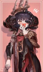 Rule 34 | 1girl, absurdres, ahoge, black dress, black hair, black nails, blush, covering own mouth, crossed bangs, curled horns, dress, ekrea jan, elden ring, fewer digits, genderswap, genderswap (mtf), highres, holding, holding polearm, holding weapon, horns, laughing, long sleeves, looking at viewer, missing eye, mohg lord of blood, notice lines, ojou-sama pose, polearm, red background, short hair, simple background, slit pupils, solo, tongue, weapon, yellow eyes