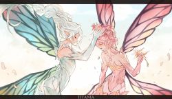 Rule 34 | 2others, blush, braid, closed eyes, fairy, fairy wings, final fantasy, final fantasy xiv, flat chest, flower, from side, hair flower, hair ornament, head wreath, highres, holding, holding flower, letterboxed, multiple others, petals, pink hair, pointy ears, smile, thighhighs, titania (final fantasy), tladpwl03, tyr beq, white hair, wind, wings