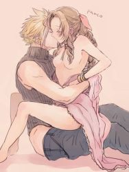 Rule 34 | 1boy, 1girl, aerith gainsborough, ancotsubu, arm around waist, artist name, bangle, bare legs, bare shoulders, barefoot, blonde hair, blue pants, blue shirt, blush, bracelet, braid, braided ponytail, breasts, brown hair, choker, cleavage, closed eyes, clothes pull, cloud strife, couple, dress, final fantasy, final fantasy vii, final fantasy vii remake, hair ribbon, hand on another&#039;s arm, hetero, highres, jewelry, kiss, long dress, long hair, medium breasts, open clothes, pants, pants pull, parted lips, pink dress, pink ribbon, ribbon, sex, shirt, short hair, sidelocks, simple background, sitting, sitting on lap, sitting on person, sleeveless, sleeveless turtleneck, spiked hair, square enix, straddling, turtleneck, upright straddle
