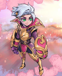 Rule 34 | 1girl, armored boots, belt, boots, cloud, facial tattoo, flower, full body, green eyes, grey hair, heart, heartbreaker vi, league of legends, long sleeves, multicolored background, petals, phantom ix row, ponytail, rose, short hair, smile, solo, standing, tattoo, thigh boots, vi (league of legends)