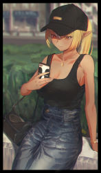 Rule 34 | 1girl, absurdres, bag, black hat, black tank top, blonde hair, bracelet, breasts, casual, cellphone, cleavage, dark-skinned female, dark skin, denim, elf, handbag, hat, high ponytail, highres, hololive, jewelry, large breasts, long hair, looking at phone, necklace, phone, pointy ears, red eyes, roco (rocoroco1115), shiranui flare, sitting, solo, tank top, virtual youtuber