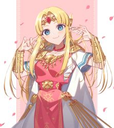 Rule 34 | 1girl, :3, belt, blonde hair, blue eyes, blush, bracelet, breasts, cape, circlet, commentary request, dress, earrings, fingernails, forehead, forehead jewel, gem, gown, jewelry, lips, long hair, looking at viewer, miri (cherryjelly), necklace, nintendo, parted bangs, pearl necklace, petals, pink dress, pink lips, pointy ears, princess zelda, short sleeves, shoulder pads, sidelocks, smile, solo, super smash bros., tabard, the legend of zelda, the legend of zelda: a link between worlds, triforce, white cape, white dress