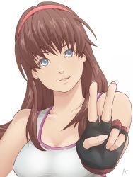 Rule 34 | 1girl, ao (dtb01), bad id, bad pixiv id, bare shoulders, blue eyes, breasts, brown hair, dead or alive, fingerless gloves, gloves, hairband, highres, hitomi (doa), long hair, solo, tank top, tecmo, upper body, v