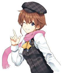 Rule 34 | 1girl, blue eyes, brown hair, cabbie hat, grin, hat, index finger raised, luna (reclaimed land), one eye closed, original, pink scarf, plaid, plaid headwear, plaid vest, scarf, short hair, simple background, smile, solo, upper body, vest, white background, wink