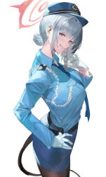 Rule 34 | 1girl, alternate costume, belt, black pantyhose, blazpu, blue archive, blue hat, blue necktie, blue shirt, blue skirt, braid, breast pocket, breasts, collared shirt, cowboy shot, from side, gloves, grey hair, grin, hair bun, hand on own hip, haruna (blue archive), hat, highres, looking at viewer, looking to the side, medium breasts, necktie, pantyhose, pencil skirt, pocket, police hat, pouch, red eyes, shirt, side slit, simple background, single braid, skirt, smile, solo, tail, white background, white gloves