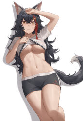 Rule 34 | 1girl, absurdres, animal ear fluff, animal ears, black hair, black shorts, breasts, brown eyes, clothes lift, hair in own mouth, highres, hololive, large breasts, lifting own clothes, long hair, looking at viewer, lying, navel, on back, ookami mio, parted lips, red hair, shirt lift, short shorts, short sleeves, shorts, simple background, solo, stomach, striped clothes, sunai, sweat, tail, underboob, virtual youtuber, white background, wolf ears, wolf tail