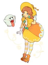 Rule 34 | 1girl, alternate costume, blue eyes, boo (mario), brown hair, earrings, hand on headwear, hat, highres, jewelry, jivke, looking at viewer, mario (series), nintendo, open mouth, pantyhose, princess daisy, simple background, striped clothes, striped legwear, striped pantyhose, super mario land, super smash bros., white background, witch, witch hat