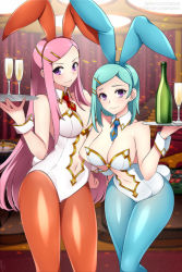 Rule 34 | 2girls, alcohol, anemone (eureka seven), animal ears, aqua hair, aqua pantyhose, bare shoulders, blue neckwear, breasts, champagne, champagne bottle, champagne flute, clothing cutout, collar, collarbone, commentary, commission, cup, curtains, curvy, detached collar, drinking glass, english commentary, eureka (eureka seven), eureka seven, eureka seven (series), fake animal ears, hair ornament, hairclip, hand on own hip, holding, holding tray, large breasts, leaning forward, leotard, lindaroze, long hair, looking at viewer, looking to the side, medium breasts, medium hair, multiple girls, navel, navel cutout, necktie, orange legwear, pantyhose, pink hair, playboy bunny, purple eyes, rabbit ears, red neckwear, roulette table, shiny clothes, shiny legwear, short necktie, smile, sparkle, stairs, swept bangs, table, tray, wrist cuffs
