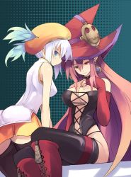 Rule 34 | 2girls, bare shoulders, blue eyes, boots, breasts, choker, cleavage, corset, earrings, elbow gloves, elf, gloves, hat, heterochromia, jewelry, large breasts, long hair, looking at viewer, looking back, lucia (luminous arc), luminous arc, multiple girls, nail polish, pink hair, pointy ears, polka dot, polka dot background, shibano kaito, short hair, sidelocks, sitting, skirt, sleeveless, star (symbol), tattoo, thighhighs, vanessa (luminous arc), very long hair, white hair, witch, witch hat, zettai ryouiki