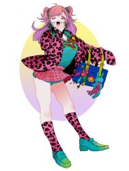 Rule 34 | 1girl, ahoge, animal print, bag, bobbbob, cardigan, collared shirt, covering own mouth, earrings, green nails, gyaru, hand over own mouth, jewelry, charm (object), kneehighs, kogal, leopard print, loafers, long hair, nail polish, one eye closed, open mouth, original, pink eyes, pink hair, plaid, plaid skirt, pleated skirt, school bag, school uniform, scrunchie, shirt, shoes, short twintails, skirt, socks, solo, stuffed animal, stuffed toy, twintails