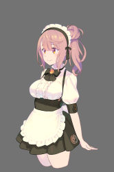 Rule 34 | 1girl, apron, arms at sides, black bow, black bowtie, black skirt, blush, bow, bowtie, breasts, brown eyes, brown hair, cevio, closed mouth, commentary request, cowboy shot, cropped legs, enkyo yuuichirou, from side, grey background, hair bun, high-waist skirt, highres, large breasts, maid apron, maid headdress, puffy short sleeves, puffy sleeves, satou sasara, short sleeves, side ponytail, simple background, single hair bun, skirt, smile, solo, standing, waist apron, white apron