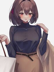 Rule 34 | 1girl, bag, black sweater, blush, breasts, brown hair, brown skirt, grey background, hair between eyes, hair ribbon, highres, holding, holding bag, ise (kancolle), jewelry, kantai collection, kazeshio, large breasts, long sleeves, looking at viewer, necklace, ponytail, red eyes, red ribbon, ribbon, simple background, skirt, solo, sweater, tongue, tongue out, turtleneck, turtleneck sweater
