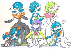 Rule 34 | 5girls, absurdres, alternate color, artist name, bare shoulders, blue hair, blue neckerchief, blue skin, blush, blush stickers, breasts, closed eyes, closed mouth, collarbone, colored skin, creatures (company), eye contact, flat chest, full body, furry, game freak, gardevoir, gen 3 pokemon, green eyes, green hair, green skin, hair over one eye, hand up, hands on own hips, hands up, happy, highres, indian style, kirlia, kneeling, looking at another, looking down, looking up, mega gardevoir, mega pokemon, multicolored skin, multiple girls, neckerchief, nintendo, open mouth, orange eyes, original, outstretched arm, outstretched arms, pokemon, pokemon (creature), purple hair, ralts, sash, shiny pokemon, short hair, signature, simple background, sitting, small breasts, smile, standing, striped, striped neckerchief, traditional media, two-tone skin, white background, white skin, yuumikuchi