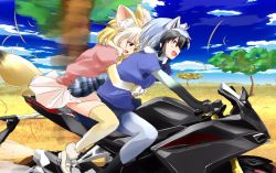 Rule 34 | 10s, 2girls, animal ears, black hair, blonde hair, blue sky, blush, cloud, commentary request, common raccoon (kemono friends), day, fang, fennec (kemono friends), fox ears, fox tail, gradient hair, highres, hug, hug from behind, kemono friends, motor vehicle, motorcycle, multicolored hair, multiple girls, multiple riders, open mouth, pantyhose, pink sweater, pleated skirt, puffy short sleeves, puffy sleeves, raccoon ears, raccoon tail, riding, savannah, short-sleeved sweater, short hair, short sleeves, skirt, sky, smile, suzuki-shi, sweater, tail, thighhighs, tree, two-tone hair, white hair