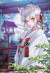 Rule 34 | 10 plus, 1girl, animal ear fluff, animal ears, blush, closed mouth, commentary, commission, fox ears, fox girl, grey hair, hair between eyes, highres, japanese clothes, kimono, lantern, long sleeves, looking at viewer, original, outdoors, plant, red rope, rope, short hair, sidelocks, skeb commission, slit pupils, solo, tassel, upper body, white kimono, wooden lantern, yellow eyes