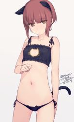 Rule 34 | 10s, 1girl, animal ears, arm behind back, black panties, blunt bangs, breasts, brown eyes, brown hair, cat cutout, cat ear panties, cat ears, cat lingerie, cat tail, cleavage cutout, clothing cutout, collarbone, cowboy shot, dated, gradient background, kantai collection, meme attire, navel, panties, rokuwata tomoe, short hair, side-tie panties, sidelocks, simple background, small breasts, solo, tail, twitter username, underwear, underwear only, z3 max schultz (kancolle)