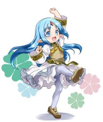 Rule 34 | 1girl, arm up, blue eyes, blue hair, brown footwear, brown shirt, child, clenched hands, cock robin, commission, forehead jewel, highres, leg up, long hair, long sleeves, open mouth, pantyhose, pointy ears, rance (series), rance 10, reset kalar, shirt, shoes, skeb commission, skirt, smile, solo, standing, standing on one leg, teeth, translation request, white pantyhose, white skirt, white sleeves