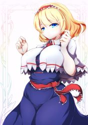 Rule 34 | 1girl, alice margatroid, blonde hair, blue dress, blue eyes, bow, breasts, capelet, closed mouth, cowboy shot, dollyspica, dress, hairband, highres, large breasts, lolita hairband, looking at viewer, red hairband, short hair, smile, solo, standing, touhou, white background, white capelet