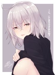 Rule 34 | 1girl, ahoge, bad id, bad pixiv id, black skirt, blush, breasts, brown eyes, clothes lift, commentary request, fate/grand order, fate (series), grey background, grey hair, hair between eyes, highres, jeanne d&#039;arc (fate), jeanne d&#039;arc alter (avenger) (fate), jeanne d&#039;arc alter (fate), large breasts, lifting own clothes, long hair, looking at viewer, looking to the side, parted lips, ramchi, shirt lift, signature, skirt, solo, translation request, two-tone background, upper body, white background