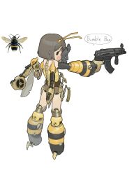 Rule 34 | 1girl, absurdres, android, antennae, brown hair, bumblebee (insect), cyborg, dual wielding, gun, highres, holding, mecha, mecha musume, mechanical arms, opossumachine, original, robot, science fiction, short hair, submachine gun, weapon, white background