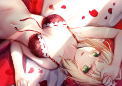 Rule 34 | 10s, 1girl, arm up, bare arms, bare shoulders, bed sheet, bikini, blonde hair, bottomless, bra, breasts, closed mouth, collarbone, commentary, dutch angle, fate/extra, fate (series), fingernails, front-tie bikini top, front-tie top, green eyes, groin, hand up, long hair, looking at viewer, lying, medium breasts, nail polish, navel, nero claudius (fate), nero claudius (fate) (all), nero claudius (fate/extra), on back, open bra, out-of-frame censoring, petals, pink nails, red bikini, revision, rose petals, sidelocks, solo, swimsuit, underwear, underwear only, untied bikini, yan (nicknikg)