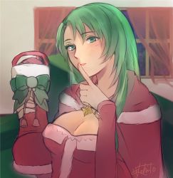 Rule 34 | 1girl, boots, bow, breasts, cecilia (fire emblem), cecilia (winter) (fire emblem), cleavage, curtains, finger to mouth, fire emblem, fire emblem: the binding blade, fire emblem heroes, fur trim, green eyes, green hair, hikashi10 nsk, index finger raised, long hair, medium breasts, nintendo, parted lips, shushing, signature, solo, upper body, window