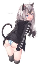 Rule 34 | 1girl, :d, ahoge, animal ear fluff, animal ears, ass, black hair, black jacket, black thighhighs, blush, cat ears, cat girl, cat tail, cropped legs, fang, from behind, hands on own ass, highres, hood, hood down, hooded jacket, jacket, jimmy madomagi, long hair, long sleeves, looking at viewer, looking back, multicolored hair, open mouth, original, panties, presenting, silver hair, simple background, smile, solo, striped clothes, striped panties, tail, tail raised, thighhighs, two-tone hair, underwear, white background