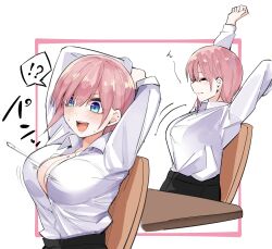 Rule 34 | 1girl, arms behind head, arms up, blue eyes, blush, breasts, bursting breasts, button gap, buttons, chair, cleavage, closed eyes, go-toubun no hanayome, highres, large breasts, long sleeves, mame1645, nakano ichika, nervous smile, open mouth, pink hair, popped button, shirt, short hair, sidelocks, simple background, sitting, smile, surprised, table, white background, white shirt