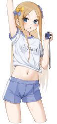 Rule 34 | 1girl, abigail williams (fate), absurdres, arm up, blue eyes, blush, bow, commentary request, cowboy shot, fate/grand order, fate (series), forehead, gym shirt, gym uniform, hair bow, highres, kopaka (karda nui), long hair, multiple hair bows, name tag, navel, orange bow, shirt, short sleeves, shorts, simple background, solo, white background, white shirt