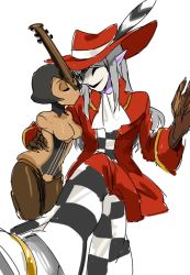 Rule 34 | 1boy, 1girl, black hair, breasts, colored skin, doll joints, closed eyes, fedora, hat, hat feather, joints, crossed legs, long hair, mask, muse (skullgirls), no arms, no nipples, personification, pink skin, pointy ears, silver hair, sitting, skullgirls, small breasts, taliesin (skullgirls), yuriyuri (ccc)