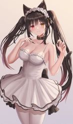Rule 34 | 1girl, animal ear fluff, animal ears, black hair, breasts, cat ears, cat girl, cat tail, cleavage, clock eyes, closed mouth, collar, commentary request, date a live, dress, hairband, heterochromia, highres, large breasts, long hair, looking at viewer, pantyhose, red eyes, seungju lee, solo, standing, symbol-shaped pupils, tail, tokisaki kurumi, twintails, uneven twintails, very long hair, white dress, white pantyhose, yellow eyes