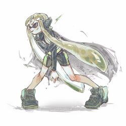 Rule 34 | 1girl, agent 3 (splatoon), bike shorts, black shirt, cape, full body, green hair, grey cape, headgear, high-visibility vest, inkling, inkling girl, inkling player character, legs apart, long hair, long sleeves, nintendo, pigeon-toed, red eyes, shirt, simple background, solo, splatoon (series), splatoon 2, splatoon 2: octo expansion, standing, tentacle hair, thenintlichen96, very long hair, vest, white background