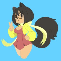 Rule 34 | 1girl, animal ears, black hair, blue background, chipmunk ears, chipmunk girl, chipmunk tail, cowboy shot, dress, dynobutt, eyelashes, glasses, hand on own hip, highres, jacket, no lineart, open clothes, open jacket, original, red dress, round eyewear, scarf, short hair, simple background, solo, tail, v, yellow jacket, yellow scarf