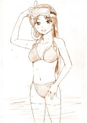 Rule 34 | 1girl, bikini, breasts, female focus, hong meiling, long hair, looking at viewer, monochrome, smile, snorkel, solo, swimsuit, touhou, vent arbre, wading