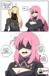 Rule 34 | 2b (nier:automata), 2b (nier:automata) (cosplay), ahoge, blindfold, bocchi the rock!, breasts, cleavage, closed eyes, colored eyelashes, cosplay, cube hair ornament, detached ahoge, gotoh hitori, hair ornament, highres, hinghoi, ijichi nijika, large breasts, mask, mouth mask, nier:automata, nier (series), open mouth, pink hair, side ahoge, side ponytail, small breasts