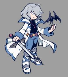 Rule 34 | 1boy, animal, bat (animal), belt, black eyes, castlevania (series), castlevania: aria of sorrow, chibi, closed mouth, coat, denim, grey background, grey hair, hair over one eye, highres, holding, holding sword, holding weapon, jeans, jeto (jetopyon), jewelry, male focus, necklace, open clothes, open coat, pants, simple background, smile, soma cruz, standing, sword, turtleneck, weapon, white coat, white footwear